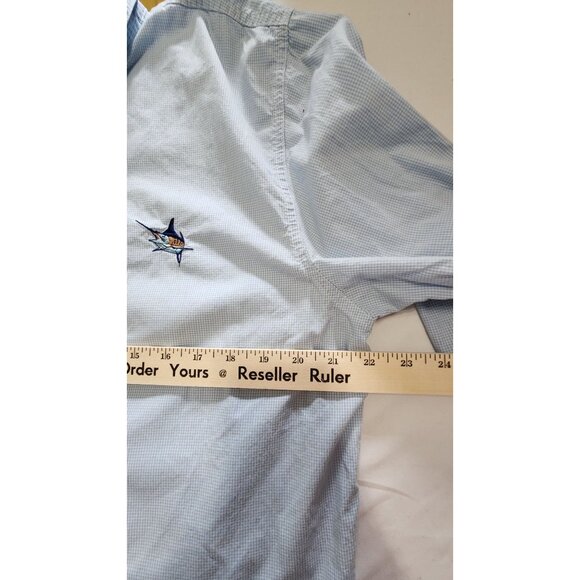Guy Harvey Button Down Shirt L Blue Cotton Check Marlin Logo Coastal Fishing - Picture 7 of 9